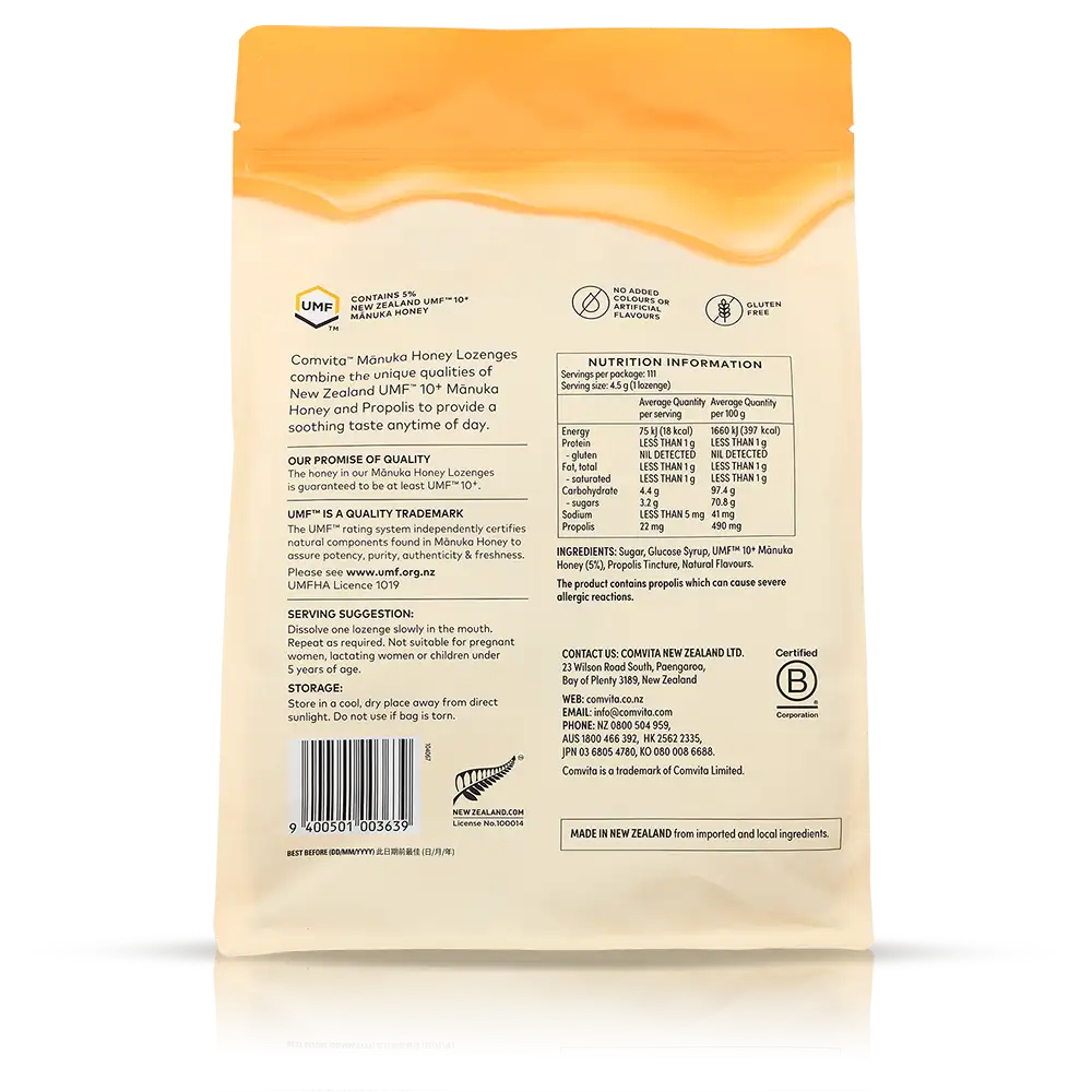 【COMVITA 康維他】麥盧卡蜂蜜蜂膠潤喉糖-檸檬 500g Mānuka Honey Lozenges with Propolis (Lemon and Honey)